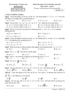 Đề kiểm tra học kỳ II môn Toán Lớp 10 - Mã đề 115 - Năm học 2016-2017 - Sở giáo dục và đào tạo Quảng Nam